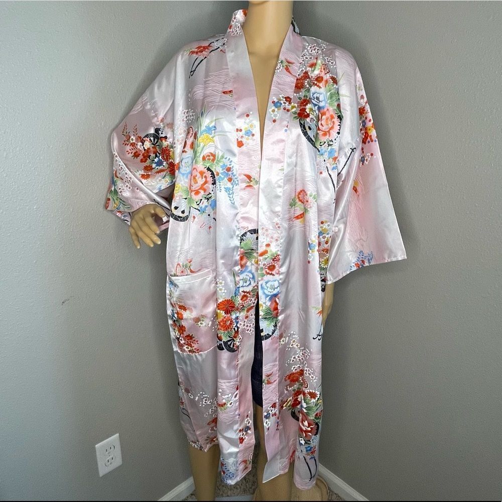 Ichiban Floral Japanese Kimono Robe Pink with Orange Yellow Green Blue Sz 42”